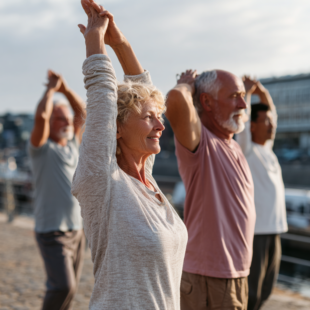 Older adults in comfortable clothing doing gentle stretching exercises outdoors